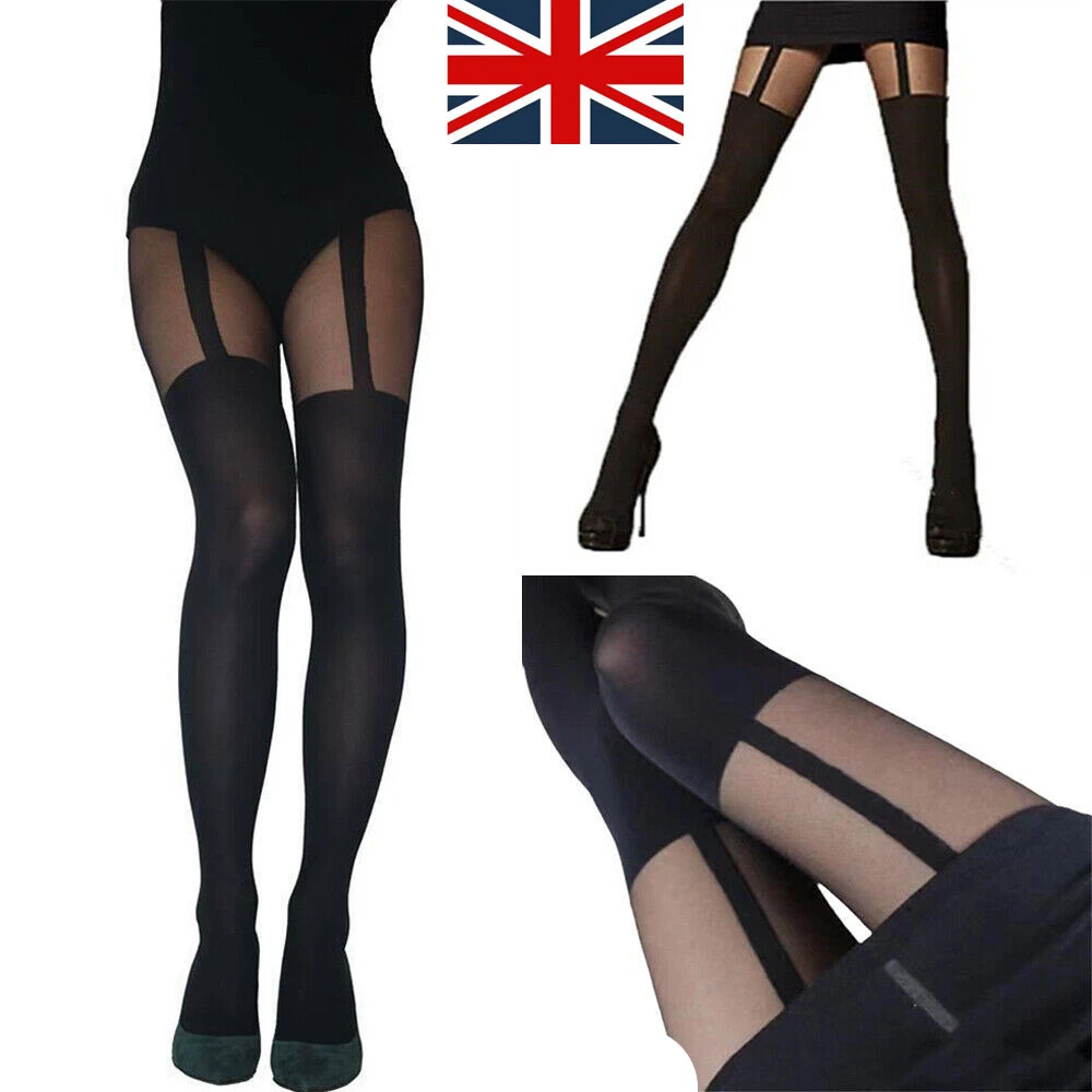 Sexy Women Temptation Sheer Mock Suspender Tights Black Pantyhose