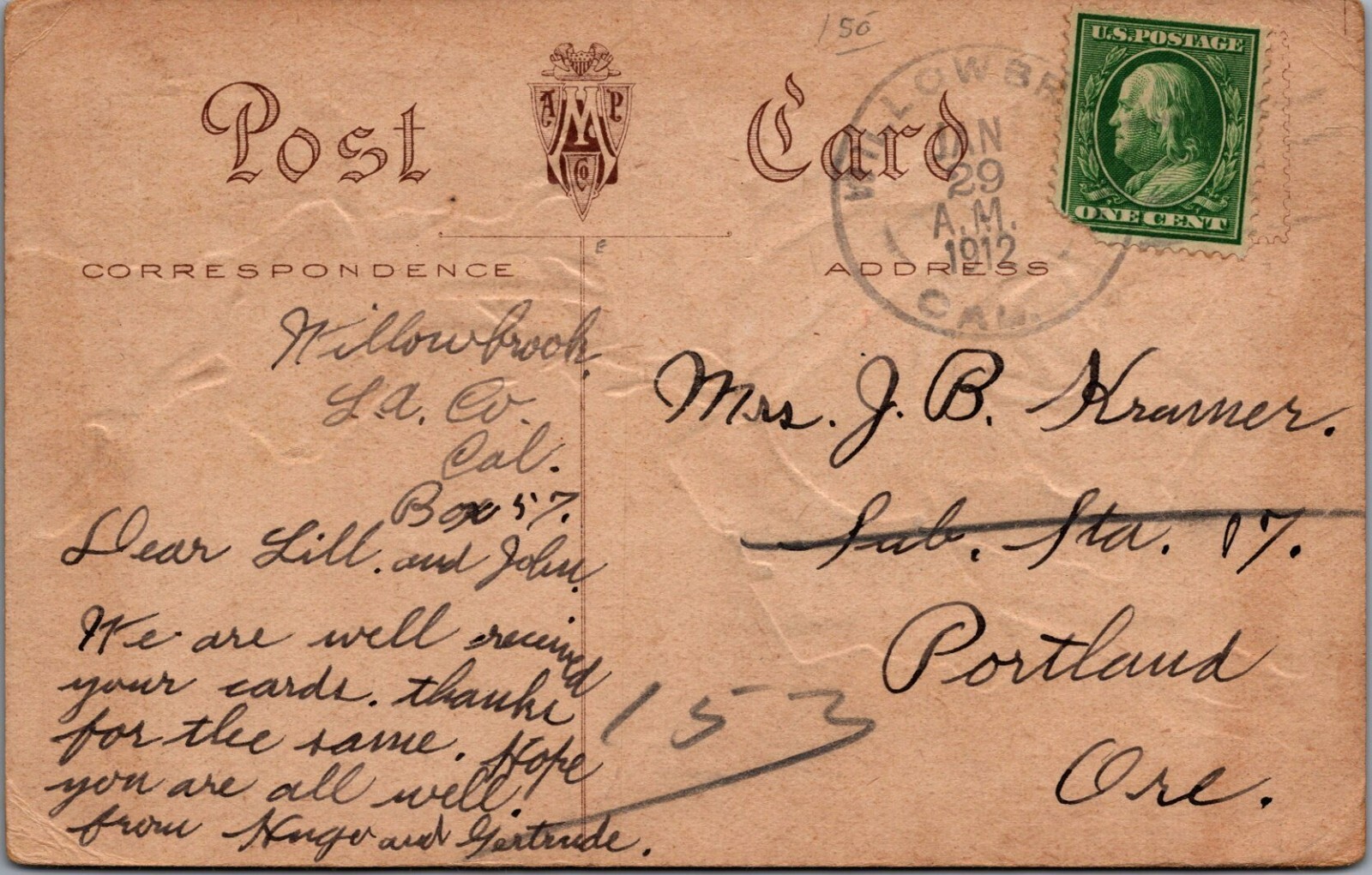 Willowbrook California Greetings Pink Rose Embossed 1912 postcard AP8