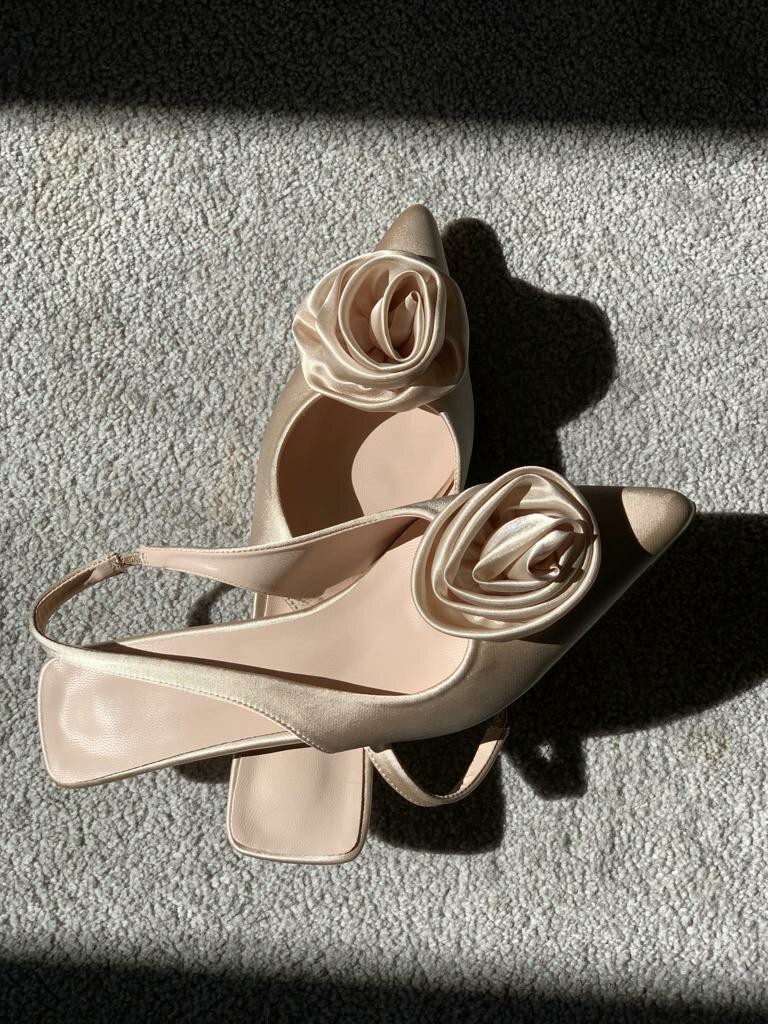 Champagne beige Ladies Satin Evening Shoes Low Kitten heel Closed