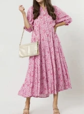 Karlie Pink Floral Maxi Shift dress Size Large L  Short Sleeves V Neck Buttons