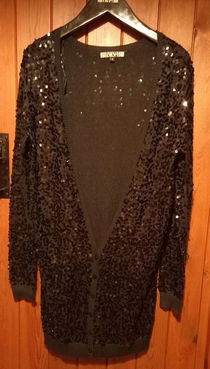 Biba Black Sequin Party Vintage Glam Cardigan Size 10 Plus 40