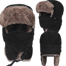 Men's Women's Winter Fur Faux Earflaps Hat Balaclava Ski Cap Fleece Face Mask US