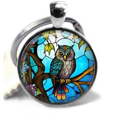 Night Owl Faux Stained Glass Art Bird Owl Lover Gift Key Chain Key Ring