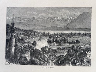 1877 Blick auf den Thunersee, Schweiz Original antiker Druck