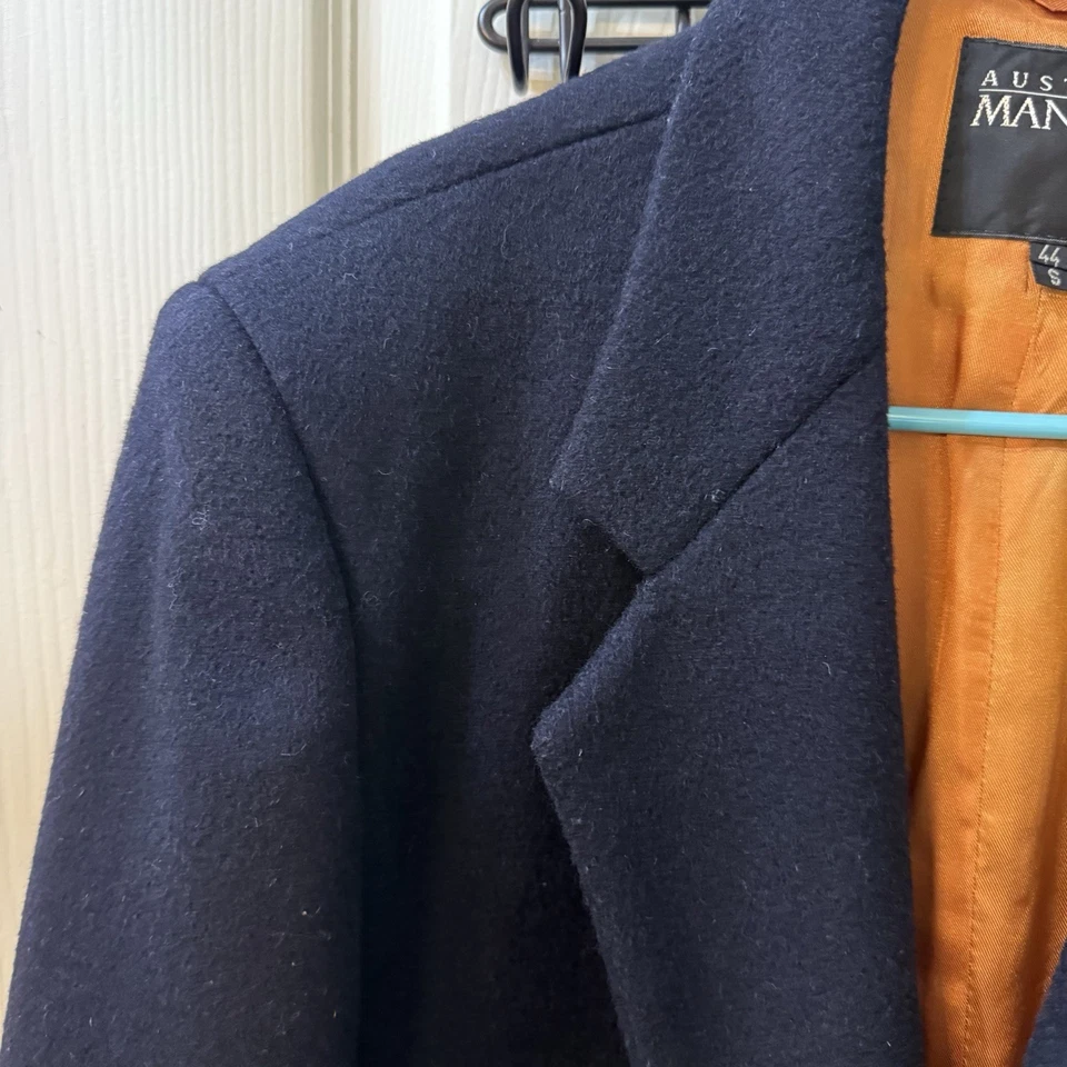 VTG Austin Manor 100% Virgin Wool Navy Long Coat Men’s Business Professional 44S - Image 4 of 4