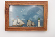 Folk Art Maritime Diorama - Framed 16x11cm - Ships and Lighthouse