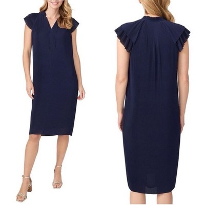 J.McLaughlin Dress Womens S Navy Aisha Pleated Flutter Sleeve Split Neck Midi