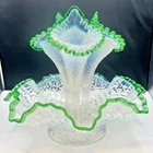 Fenton Opalescent glass epergne with emarald green crest and diamond lace patter