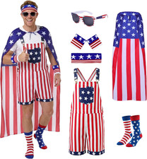 Adult Patriotic American Flag Overalls, 4Th of July Cape Set with Headband Sungl