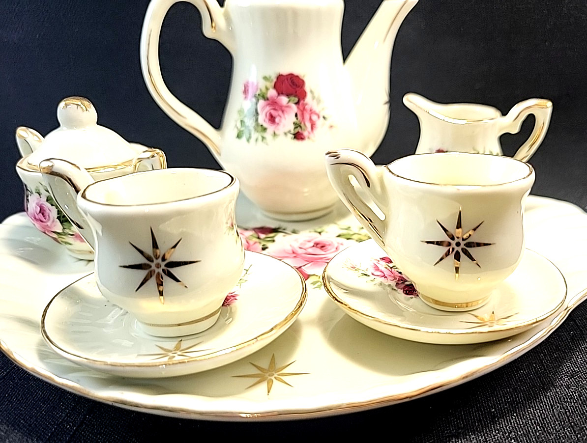 Vtg Formalities Porcelain Miniature Tea Set Complete Roses & Star Gold Trim