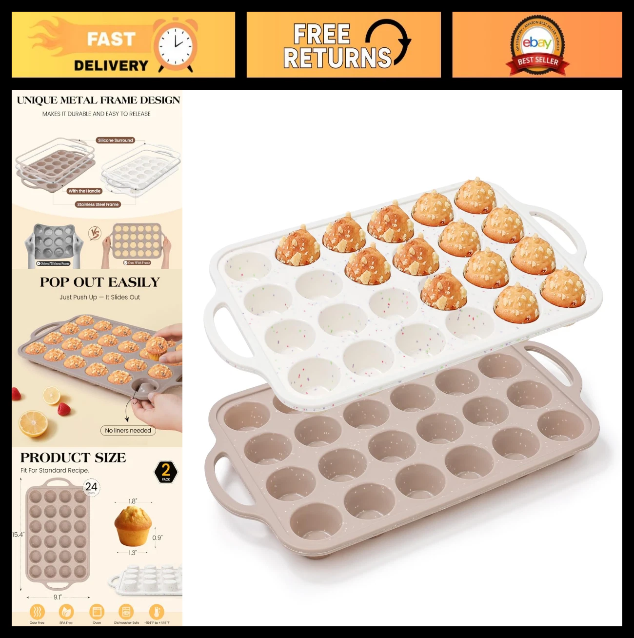 2-Pack Mini Silicone Muffin Pans - Nonstick 24-Cup Baking Mold, BPA Free, Oven S