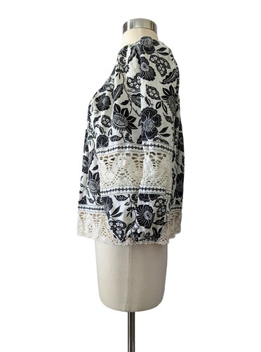 CHRISTIAN SIRIANO Top Blouse Cream Black Crochet Lace Floral Linen Blend MEDIUM - Picture 3 of 5