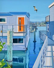 Alex Nizovsky – Houseboats with Pelican - Modern Landscape Painting 24"x30"