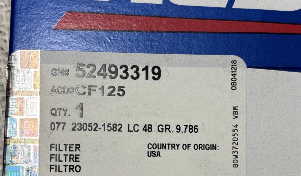 Filtro de cabina de cobalto GM OEM 03-11 Chevy 52493319 AcDelco CF125 Delphi 52493319���� Foto 3 de 3