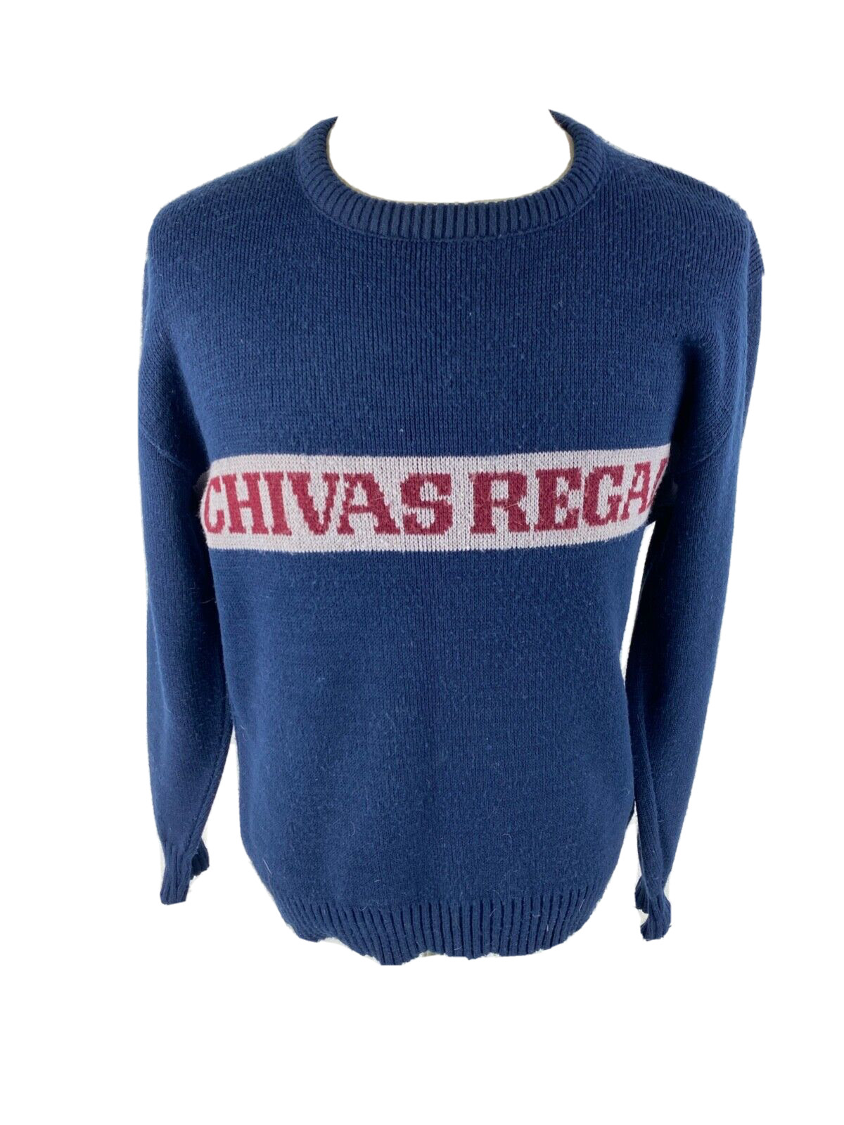 Chivas Regal Mens M/L Vtg Knit Pullover Sweater Blue Spellout Whiskey 80s