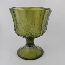 Vintage Indiana Glass Co. Avocado/Olive Green Pedestal Compote/Candy Bowl