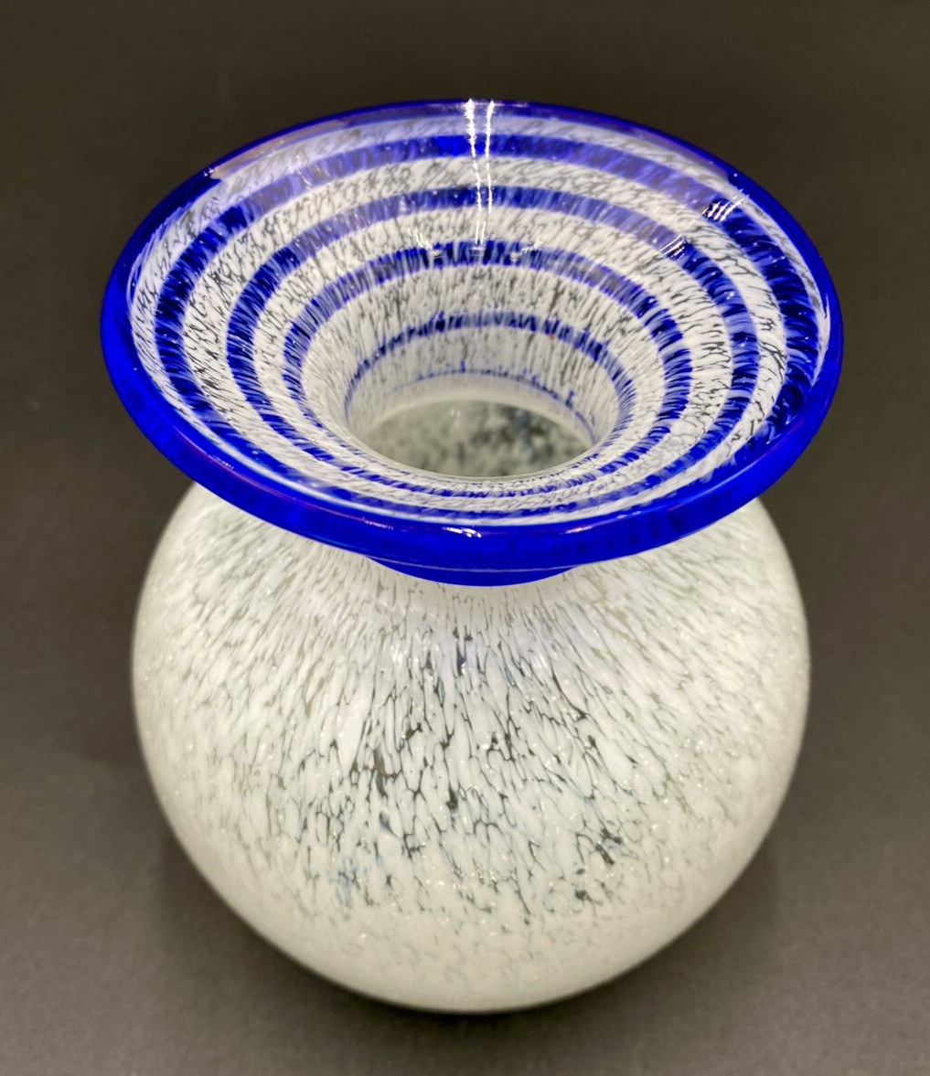 Pier 1 Imports White Spongeware Glass Vase, Cobalt Blue Applied Swirline Neck
