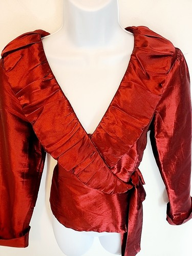 Sunny Leigh 100% Silk Satin Ruffle Wrap Top Burgundy Wine Red Women's 4 SMALL - Picture 4 of 16