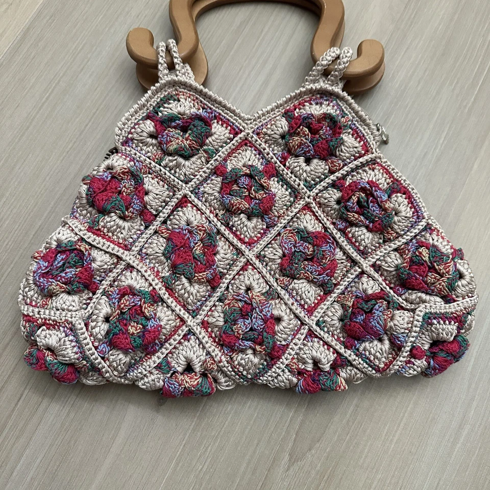 Ricardo Beverly Hills Handbag Woven Wood Handles Lined Top Zip Purse Floral RARE - Image 3 of 4