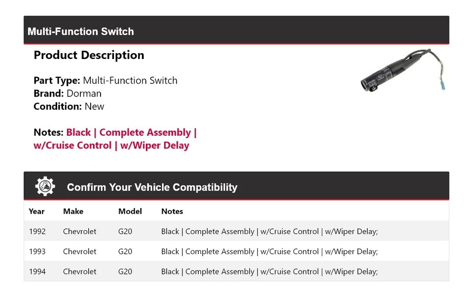 Многофункциональный переключатель 1993 для Chevrolet G20 Dorman 1992-1994 годов выпуска - Изображение 2 из 4