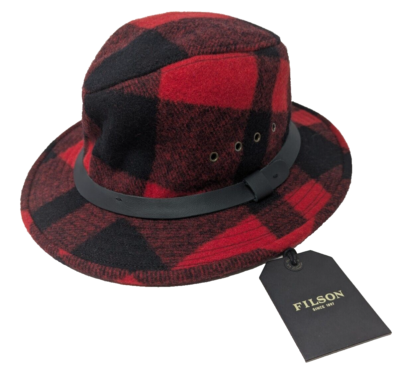 NWT Filson Wool Packer Fedora Bucket Hat Size M Buffalo Plaid Red