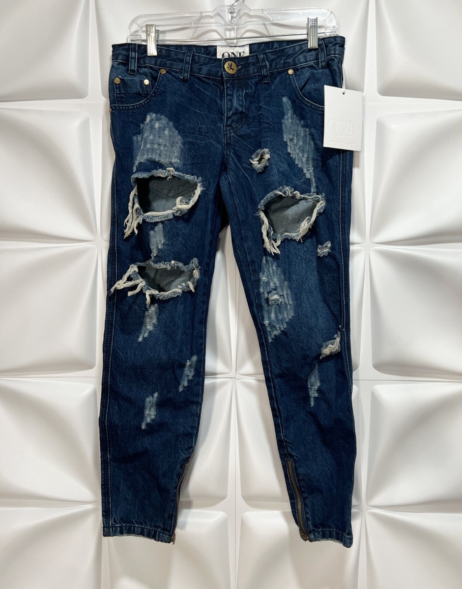 One Teaspoon Sz 27 Trashed Freebirds Crop Denim Jeans Skinny Dark