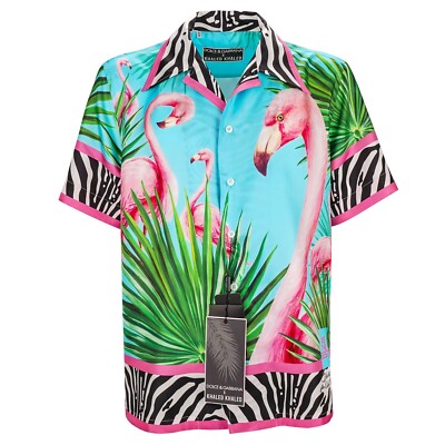 DOLCE & GABBANA x DJ KHALED short sleeve silk shirt with flamingo zebra print blue pink