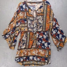 Wanderlux Boho Floral Patchwork Peasant Tunic Top Dress Tie Waist XS