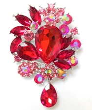 Amazing FLORAL Red Drop JEWELS Vintage Inspire FLOWER Rhinestone Dangle Brooch