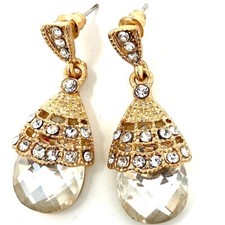 Image of Clear Crystal Teardrop Diamante Pierced Dangle Earrings In Gold Plated