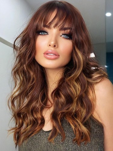 Brown Highlight Wavy Wig With Bangs Medium Length 18 Inch Synthetic Brown Mix...