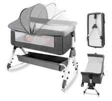 Convertible Gray Baby Bedside Sleeper with Mosquito Net and Removable Fence