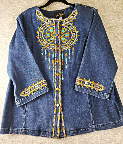 Bob Mackie Wearable Art L Denim Embroidered Tunic Shirt Jacket Boho Southwest