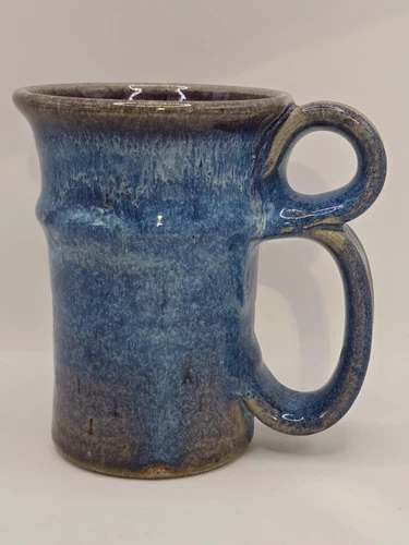 Vintage Unique Double Handle Studio Pottery MUG Signed Blue Drip Glaze 5" Tall