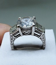 Vintage 925 Sterling Silver GSJ Designer CZ Solitaire w/ accents Ring sz 8