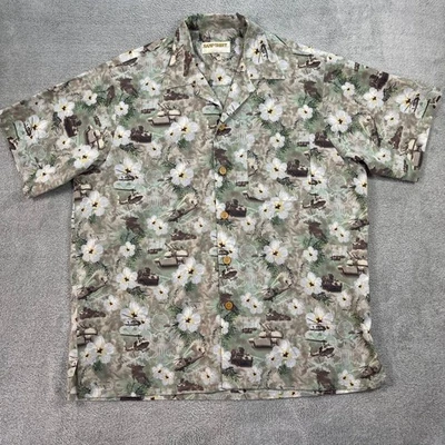 Kamp Shirt Button Up Men XL Green Military Tank Helicopter Floral Hawaiian Camp - Image 1 of 4