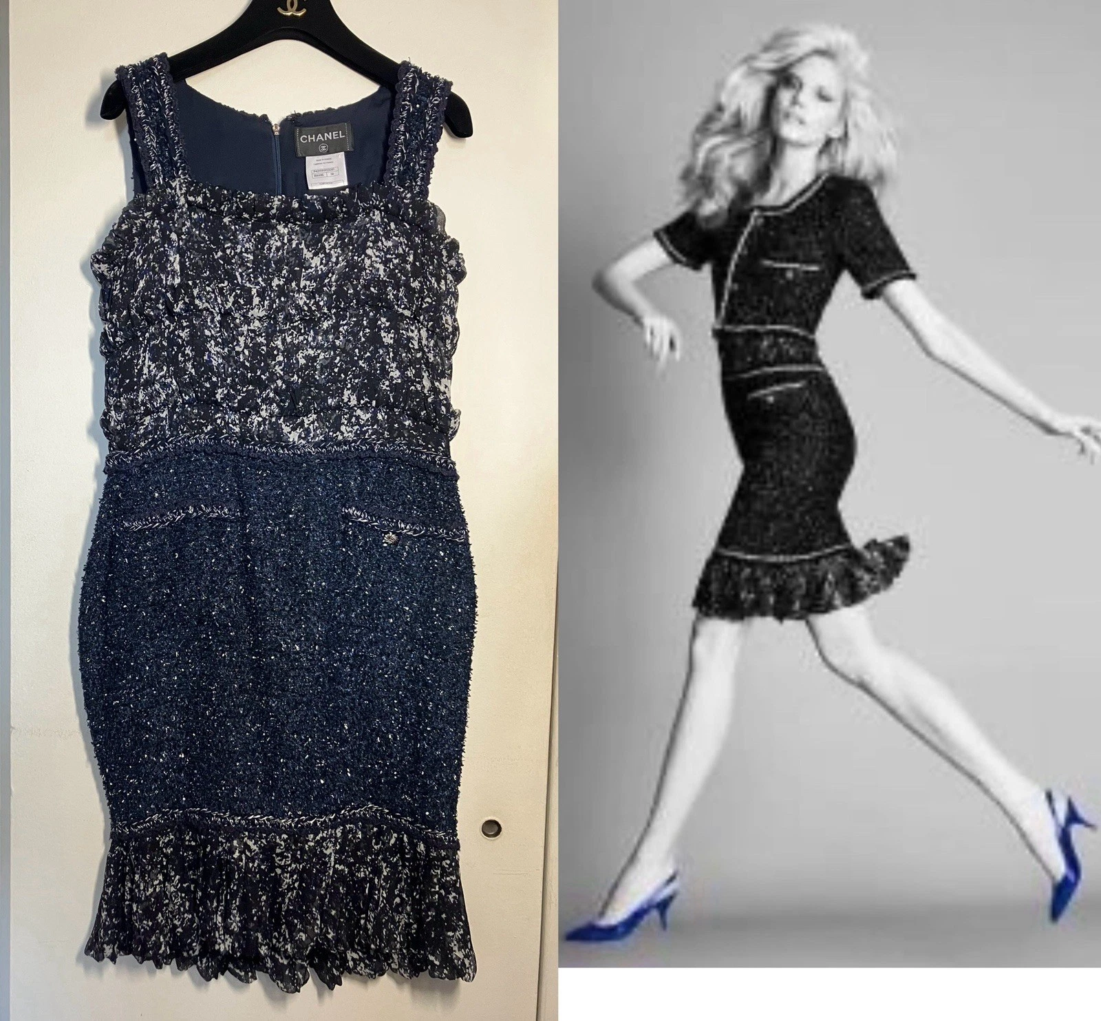Abito Chanel 12P iconico blu navy bianco treccia orlo coriandoli pizzo tweed 38 40 42