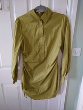 Renew Pretty Little Thing Green Shirt Dress Ruched Long Sleeve Khaki Short Uk10