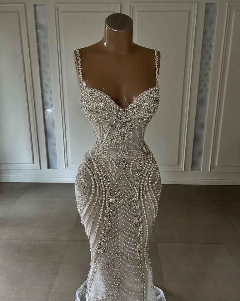 Luxury Mermaid Wedding Dress Sweetheart Pearls Chain Beads Backless Bridal Gown - Image 3 of 4