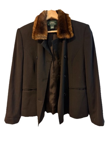 Cappotto donna vintage Lauren Ralph Lauren 100% pura lana pelliccia sintetica collo taglia 6/S - Foto 10 di 12