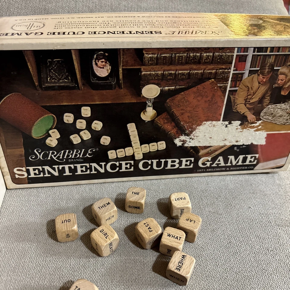 Vintage 1971 Scrabble Sentence Cube Game Wood Word Dice Selchow Righter Complete - Image 4 of 4