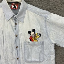 Disney Mickey Pluto Shirt Medium Light Blue S/S Chambray Cotton 90s Vintage EUC