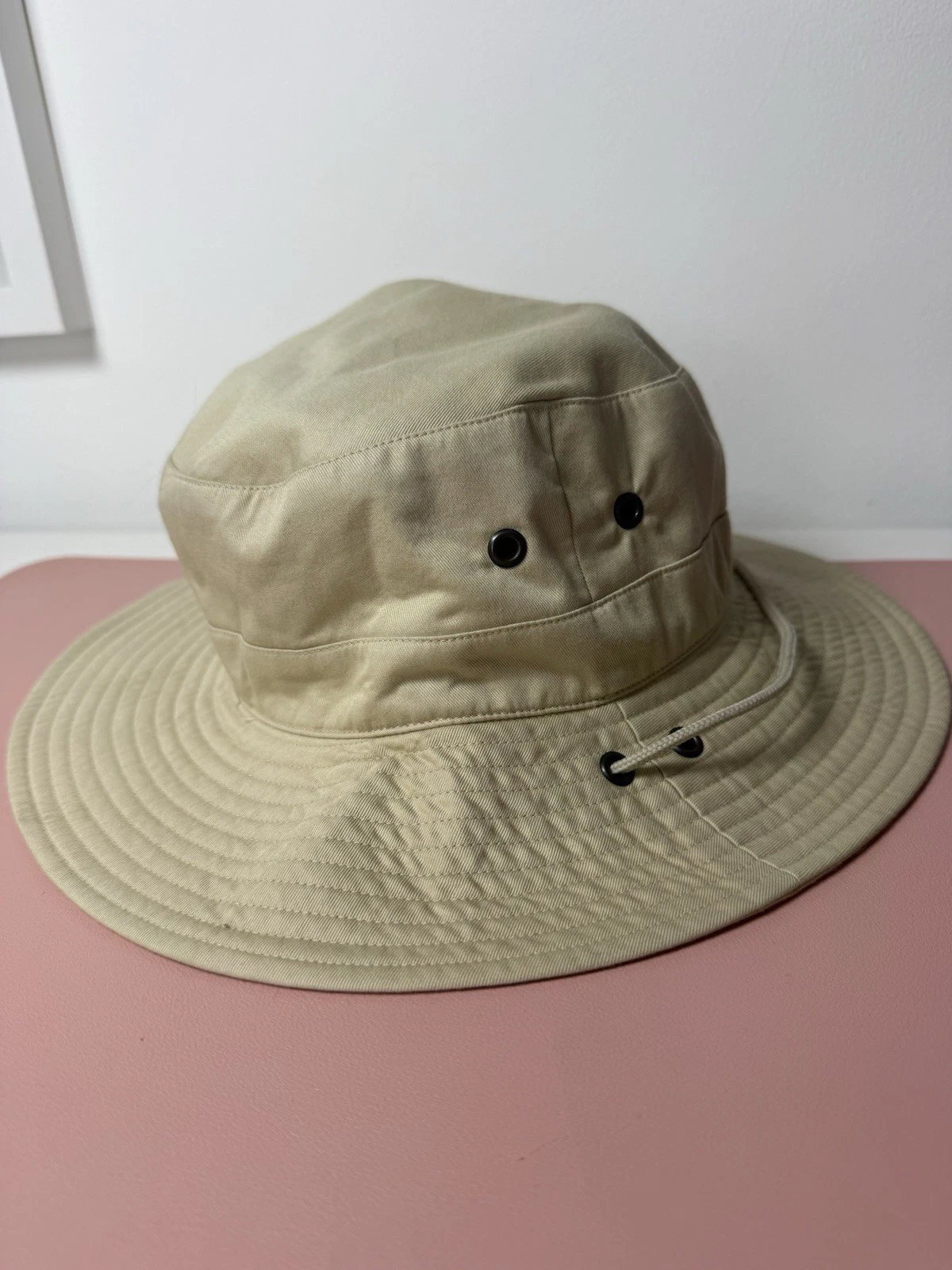 Vintage Travelling Light Bucket Hat Large Beige Khaki Made in UK Hiking Outdoor