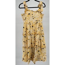 Womens Midi Sundress Tiered Floral Yellow Sleeveless Straps Bowtied Lace Boho Lg