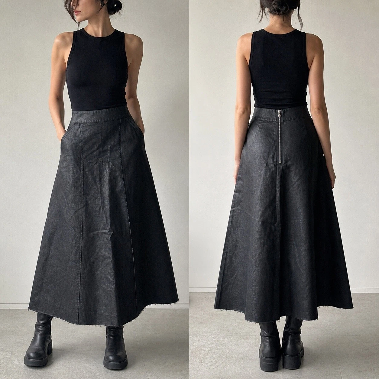 Aequamente Skirt Womens S/36 Black Coated Linen Avant Garde Made in Italy Midi