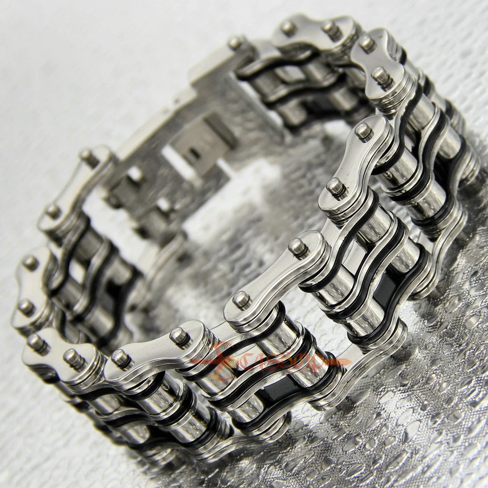 Pulsera de acero inoxidable con cadena de motocicleta para hombre ancha pesada plateada/negra 8,9" Foto 3 de 4