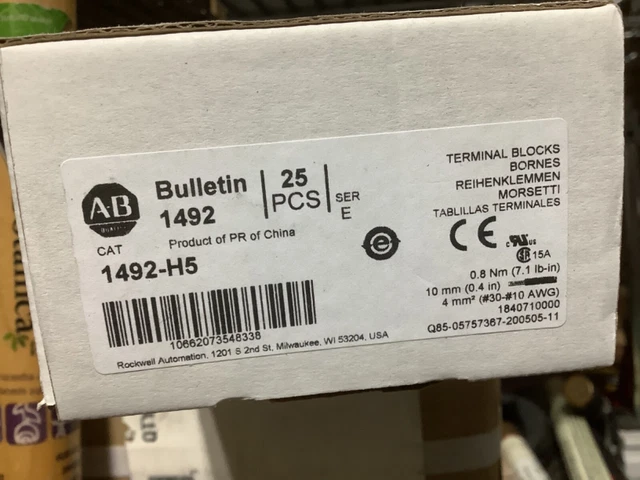 Lot of 25 NEW Stock - ALLEN-BRADLEY 1492-H5 SER.E 15A 57V Terminal Blocks 2023 Lot of 25 NEW Stock - ALLEN-BRADLEY 1492-H5 SER.E 15A 57V Terminal Blocks 2023