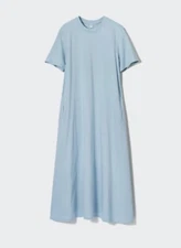 Uniqlo Womens Mercerized Cotton Short Sleeve Midi Maxi Utilitarian Dress XL Blue