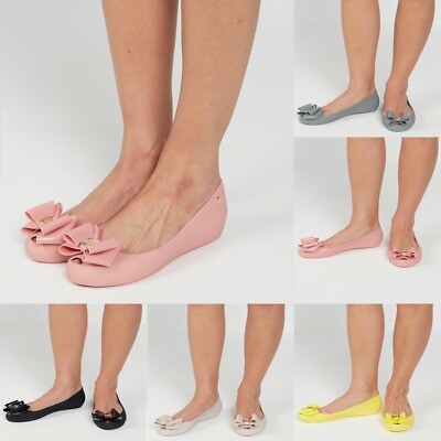 WOMENS LADIES FLAT PEEPTOE BALLERINA OFFICE JELLY BOW SLIP ON CASUAL SHOES PUMPS