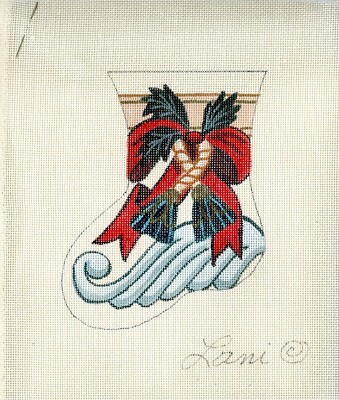Lani ''Christmas Stocking'' Red Ribbon Hand Painted Needlepoint Canvas 18cnt